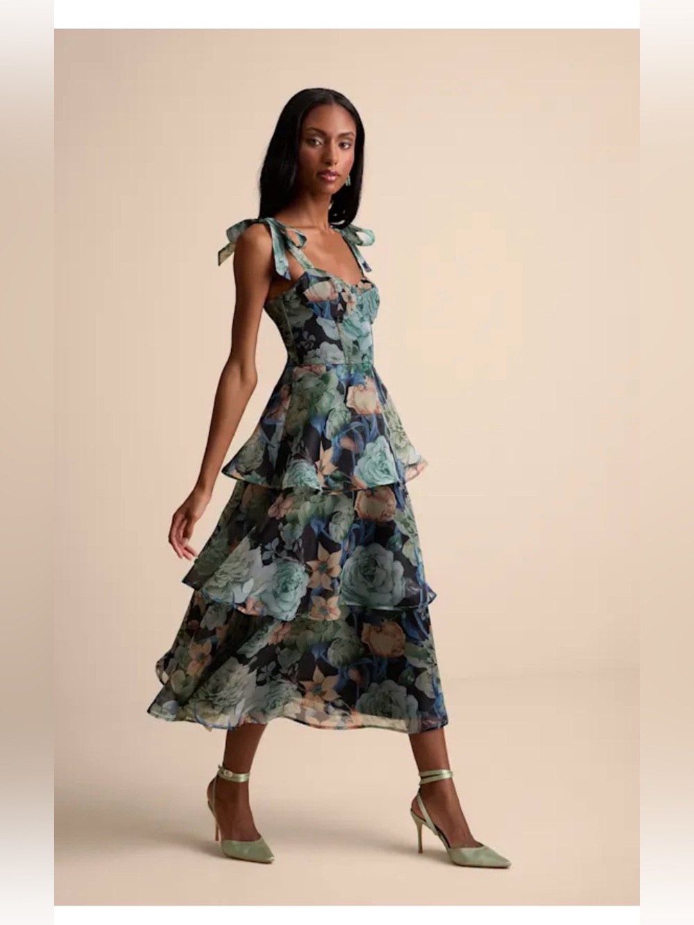 Lulus Playfully Posh Black Floral Organza Tie-strap Tiered Midi Dress - Size M